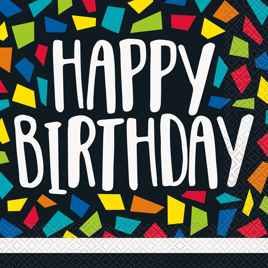 Black birthday napkin with large white "Happy Birthday" text and colorful confetti shapes around edges.