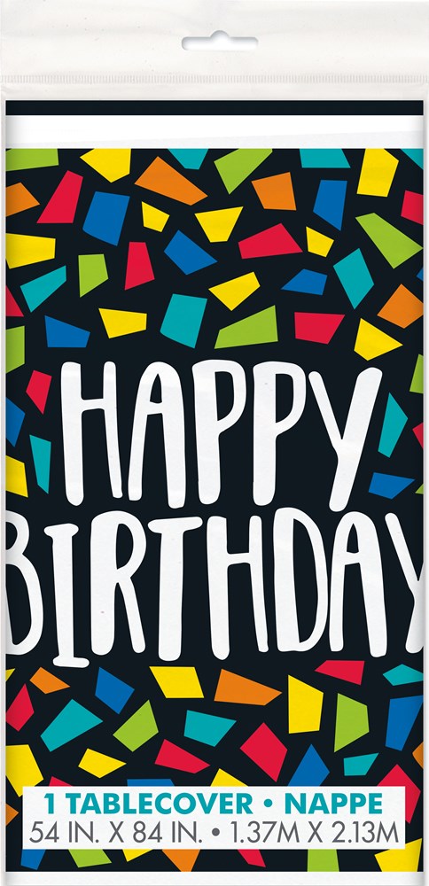 Black birthday tablecover with colorful confetti shapes and bold white "Happy Birthday" text.