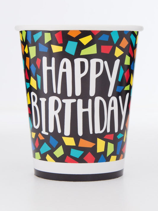 Black 9oz paper cup with colorful confetti shapes and large white "Happy Birthday" text on front.
