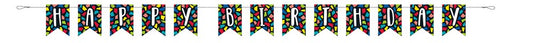 9ft birthday pennant banner with colorful letters spelling "Happy Birthday" on yellow triangular flags with polka dots.