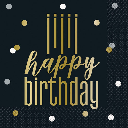 Black metallic large napkin with gold "happy birthday" text and confetti dots in gold, silver, and white.