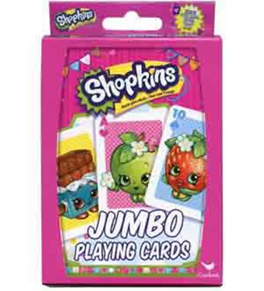 Bright pink box of Shopkins Jumbo Playing Cards featuring colorful, cartoon-style fruit and snack characters on the front.