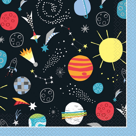 Dark blue luncheon napkin with colorful planets, stars, rockets, and comet designs.