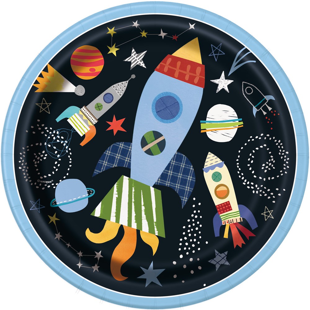 Round 9-inch paper plate with outer space design featuring colorful rockets, planets, stars, and swirls on a black.