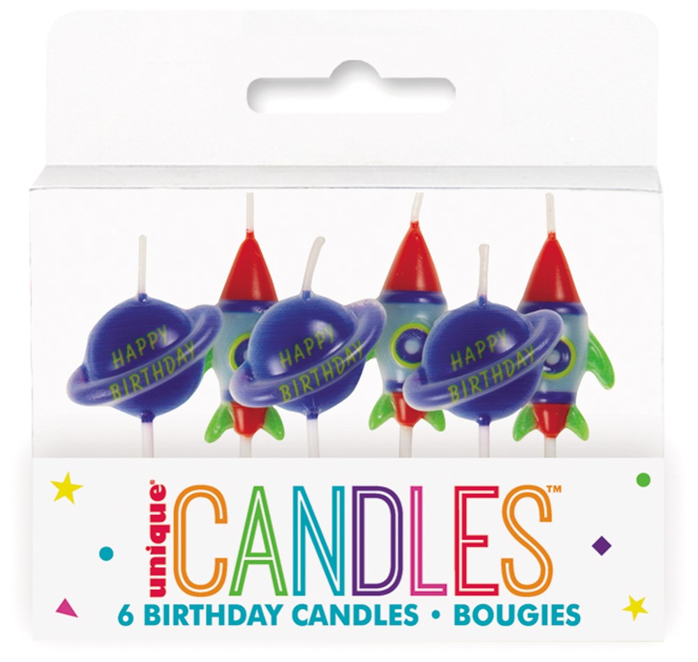 Six blue and purple rocket-shaped birthday candles with red flames and yellow "Happy Birthday" text on each, packaged in a.
