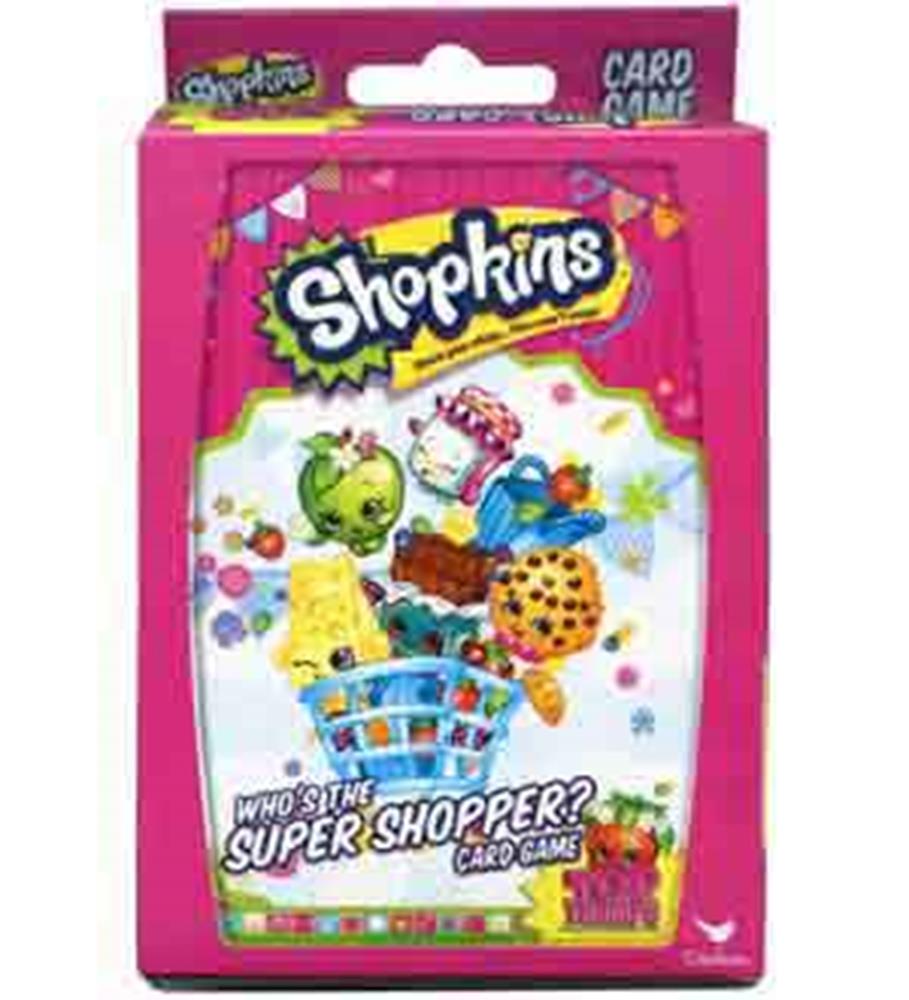 Shopkins Trumps Super Shopper card game with colorful characters and a pink box featuring a shopping cart and snacks.