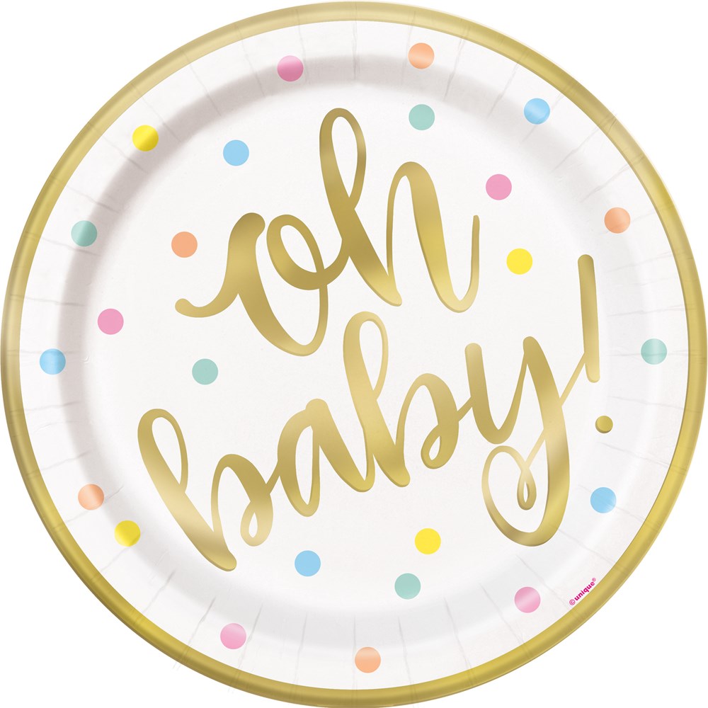 Oh Baby Gold Baby Shower Round 9" Dinner Plates 8ct