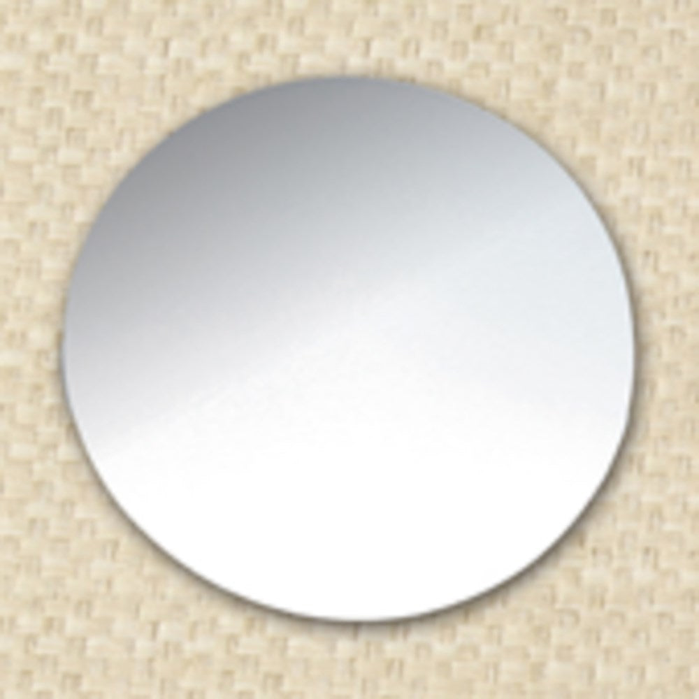 Round 12-inch clear glass mirror with a smooth, frameless edge on a textured beige background.