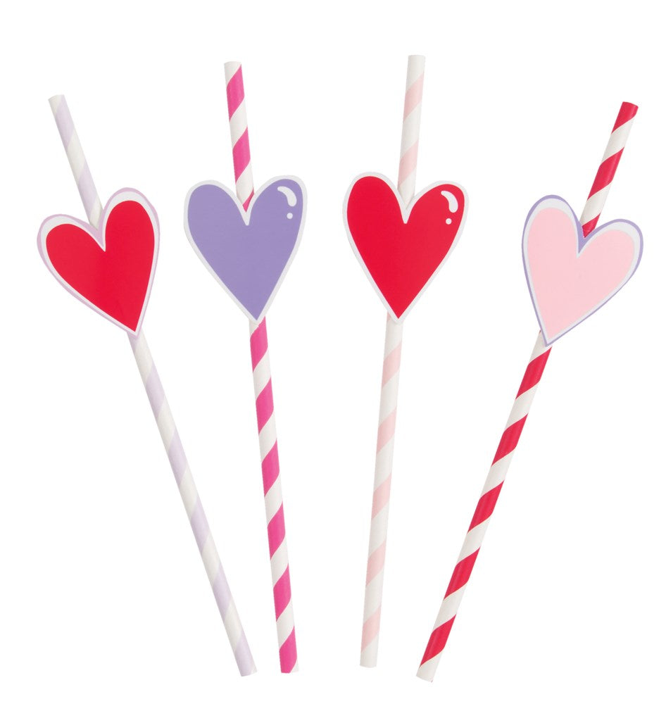 Valentines Day Heart Decal Striped Paper Straw 8ct