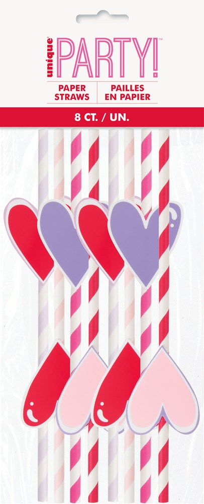 Valentines Day Heart Decal Striped Paper Straw 8ct