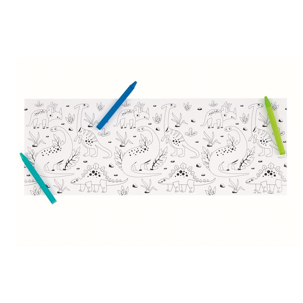 Clear plastic roll with black-and-white dinosaur outlines for coloring, shown with blue, green, and teal crayons.