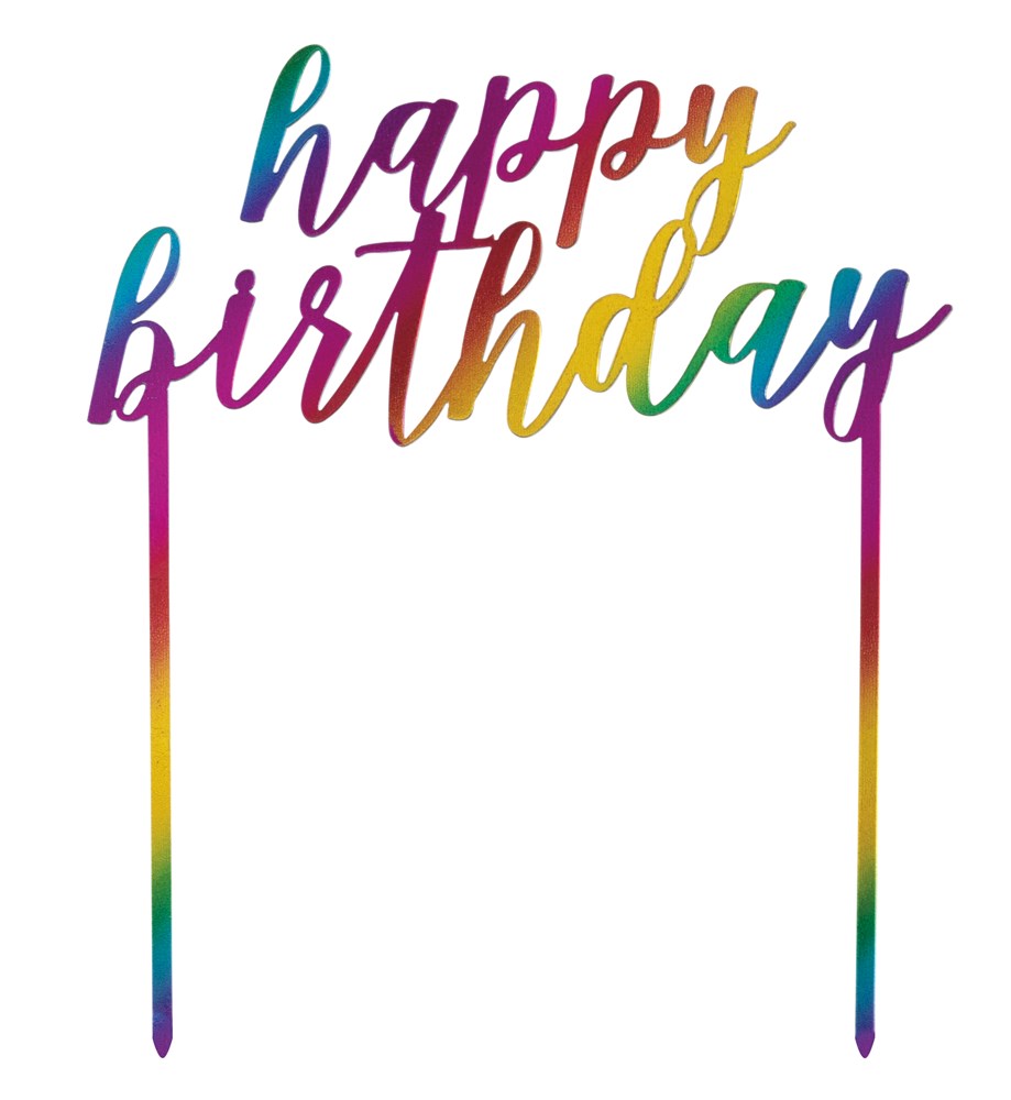 Metallic rainbow plastic "happy birthday" cake topper with cursive letters and two long stakes.