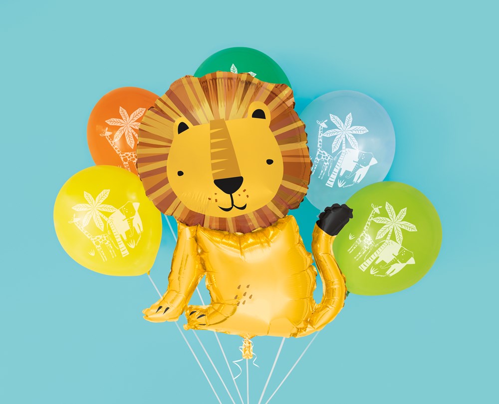 Large gold foil lion-shaped balloon with a round mane, surrounded by six colorful latex balloons in green, blue, orange, and