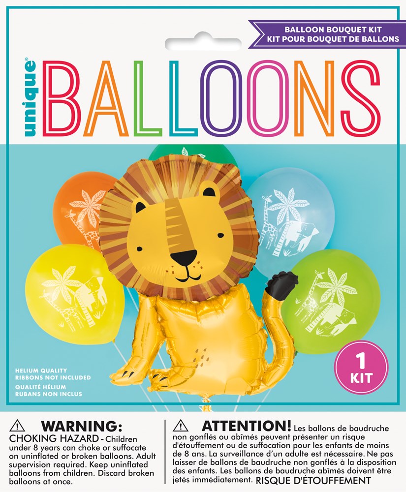 Set of six balloons with one large gold foil lion-shaped balloon and five colorful latex balloons in orange, blue, yellow,.