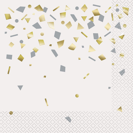 White luncheon napkins with scattered gold and silver confetti shapes and a geometric embossed border design.