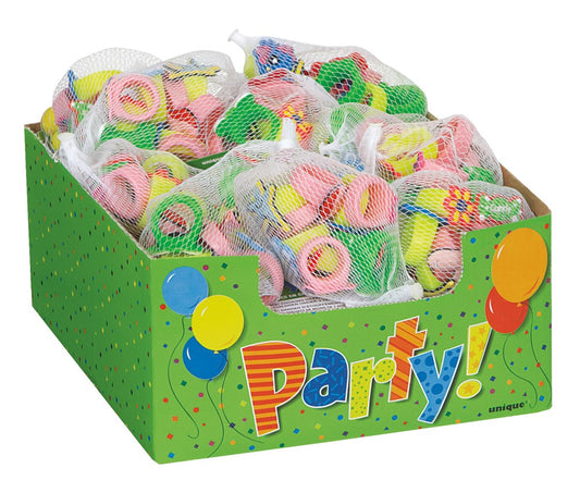 Colorful rubber die cut rings in pink, yellow, and green displayed in a festive green box with balloons and "Party!" text.