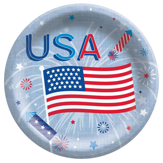 Round 6.75-inch paper plate with American flag, USA text, and red, white, and blue fireworks design.