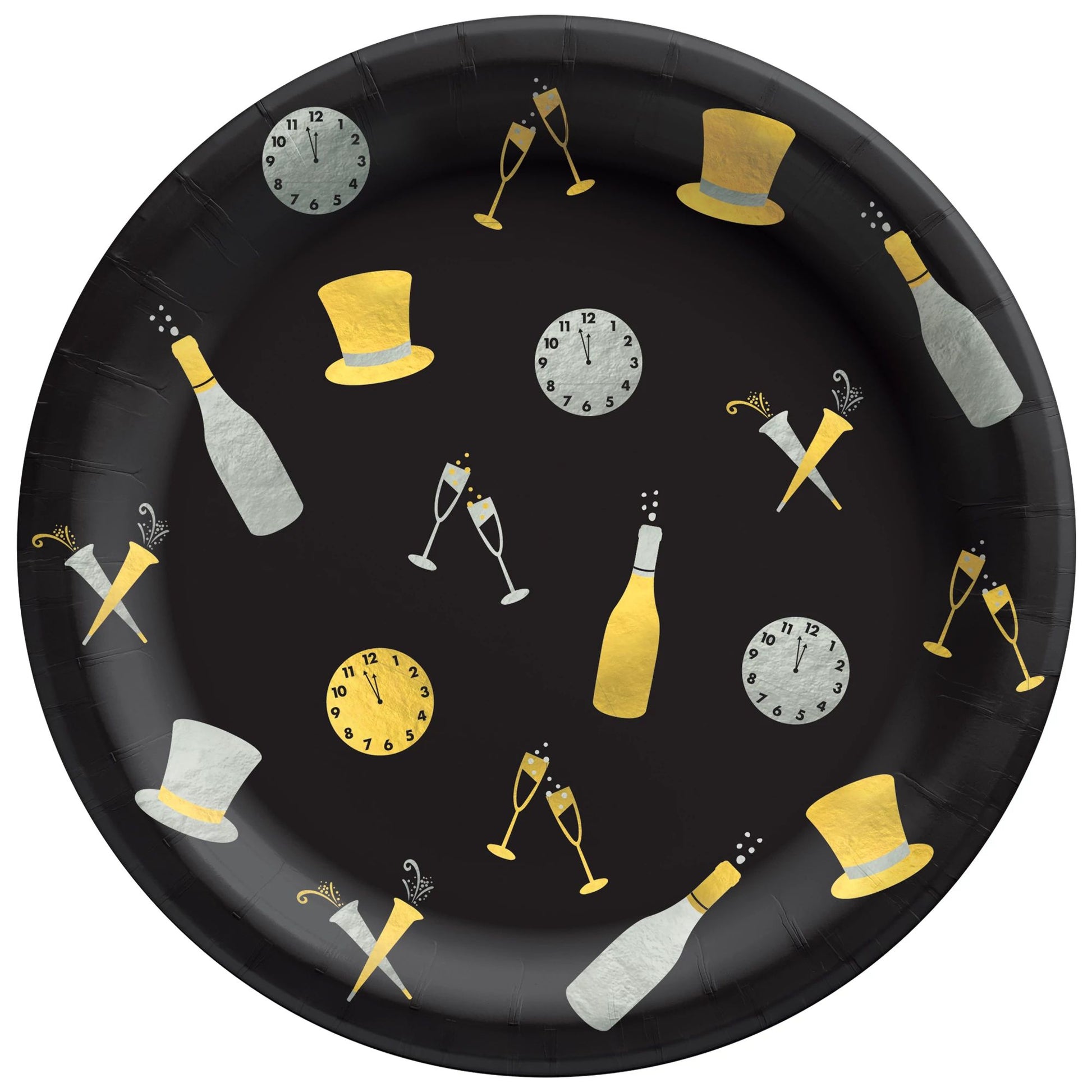 Black round paper plate with gold and silver New Year icons including champagne bottles, top hats, clocks, and toasting.