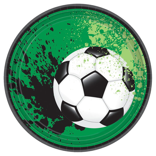 7-inch round paper plate with green and black splattered background and a large soccer ball graphic in the center.