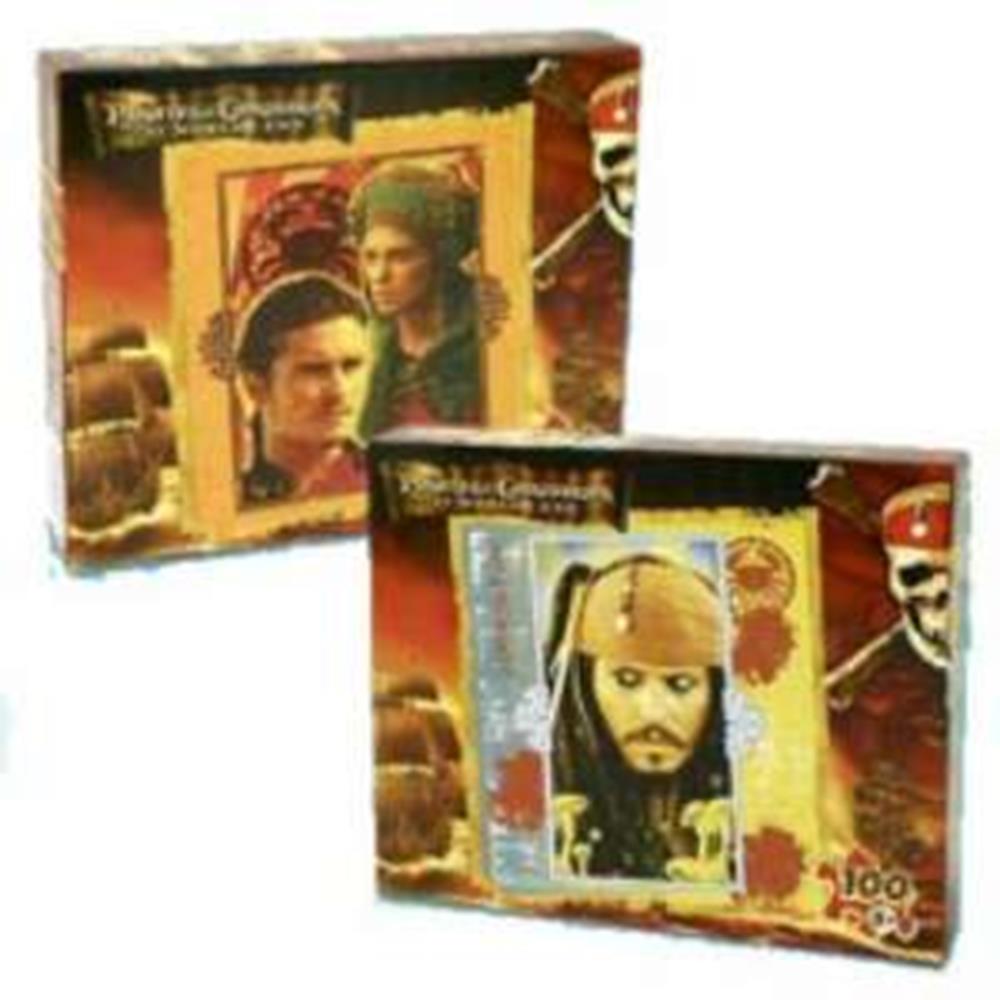 Pirates of Caribbean 100-piece puzzle featuring characters in pirate-themed colors with gold and brown packaging.