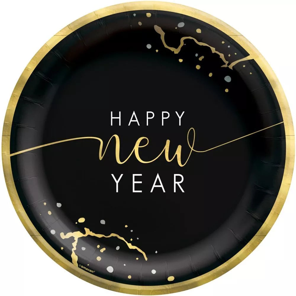 Black round paper plate with gold rim, gold confetti accents, and "Happy New Year" text in white and gold cursive and block.