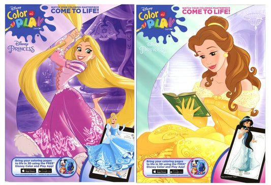 Two Disney Princess Jumbo Coloring Books featuring Rapunzel in purple and Belle in yellow, each with a smartphone showing.