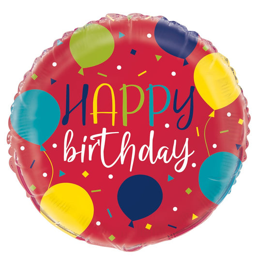 Round red foil balloon with colorful balloon graphics and "Happy birthday" text in yellow, white, and blue.
