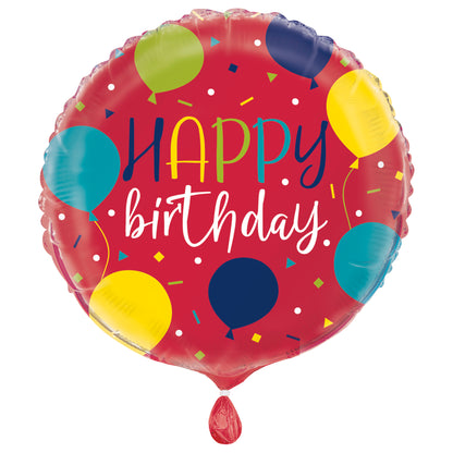 Red round foil balloon with colorful balloons and confetti, "Happy Birthday" text in blue, yellow, and white.