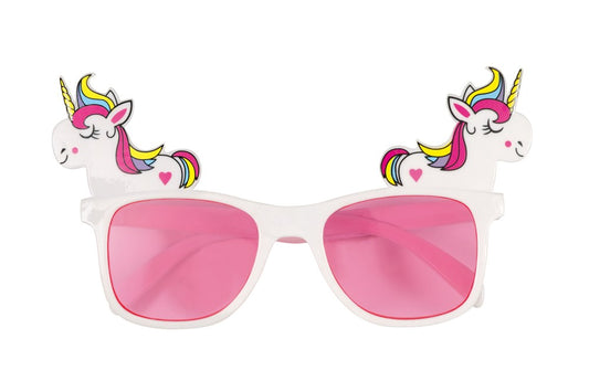 White plastic sunglasses with pink lenses and colorful unicorn figures on the top corners.