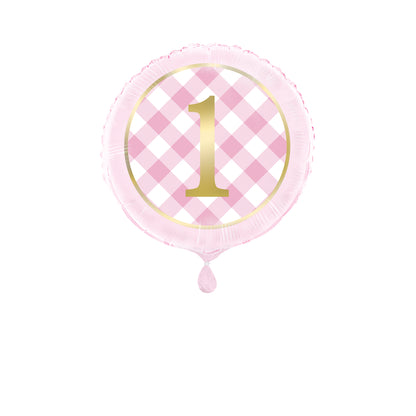 18-inch round foil balloon with pink and white gingham pattern and gold number 1 in center.