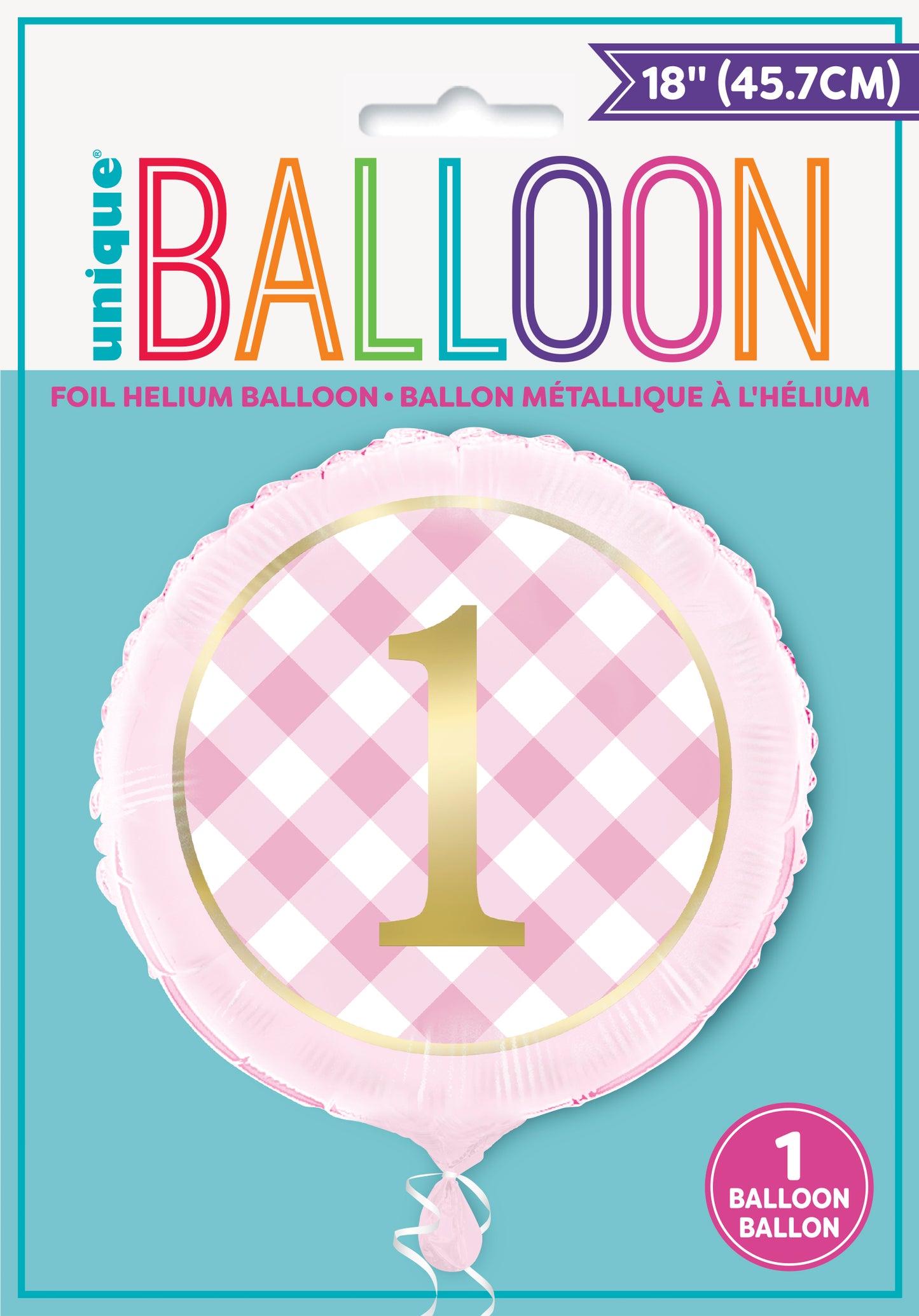 18-inch round foil balloon with pink gingham pattern and gold number 1 at center.