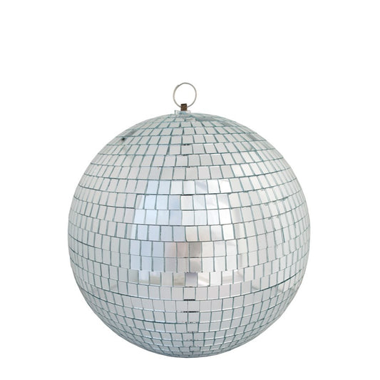 Silver spherical disco ball covered in small reflective square mirrors with hanging loop on top.