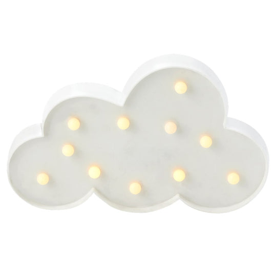 White plastic cloud-shaped marquee light with small round warm bulbs evenly spaced across front.