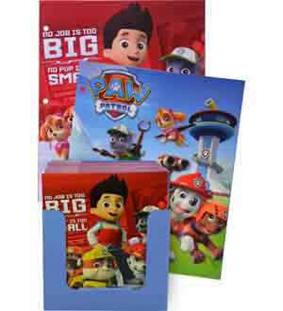 Set of three colorful Paw Patrol portfolios featuring characters Chase, Marshall, and Ryder on red, blue, and green.