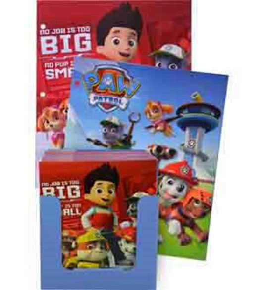 Set of three colorful Paw Patrol portfolios featuring characters Chase, Marshall, and Ryder on red, blue, and green.