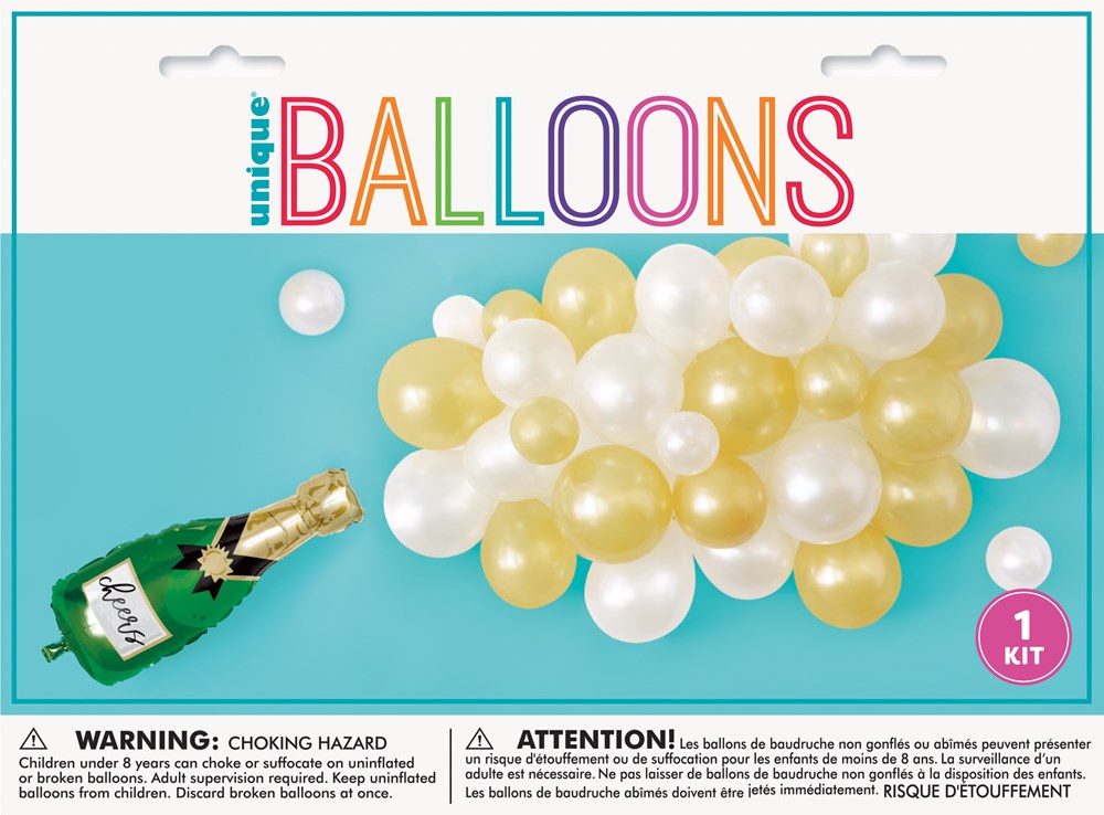 Cluster of shiny gold and white latex balloons arranged as a decorative cascade with a small green champagne bottle balloon.