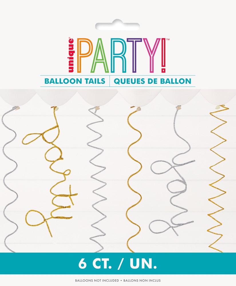 Six silver and gold pipe cleaner balloon tails in spiral shapes with party-themed words on white backing card.