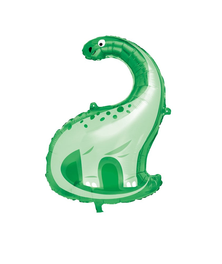 Large green foil balloon shaped like a friendly dinosaur with a long neck and small spots.