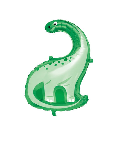 Large green foil balloon shaped like a friendly dinosaur with a long neck and small spots.