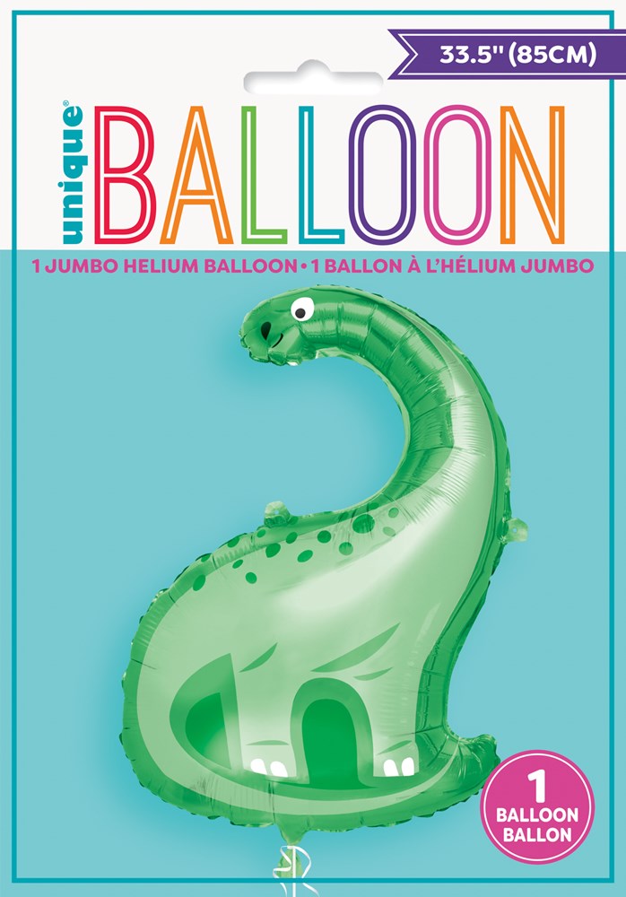 Large green foil balloon shaped like a long-necked dinosaur with darker green spots, 33.5 inches tall.