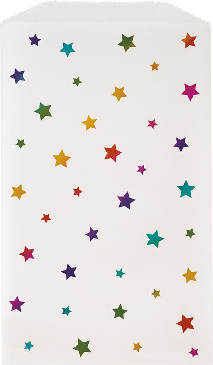White glassine treat bag with colorful foil stars scattered in various sizes.