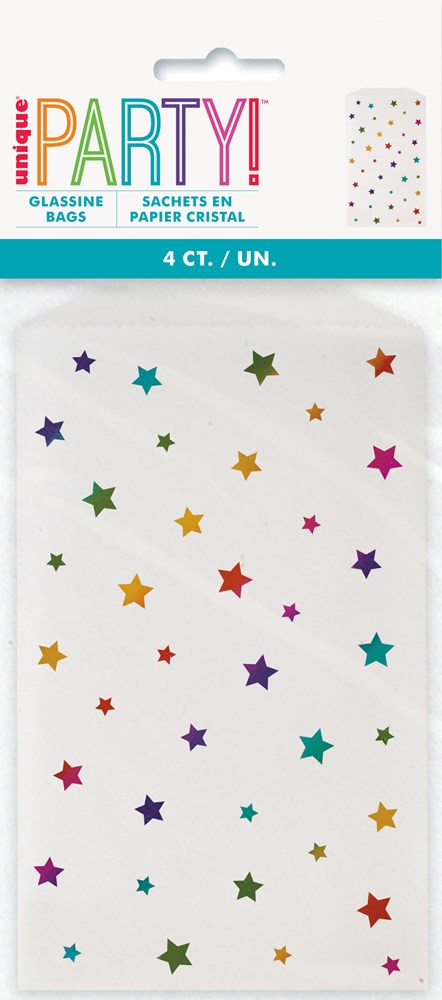 Set of four clear glassine bags decorated with scattered foil stars in various rainbow colors.