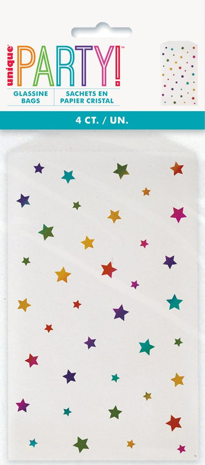 Set of four clear glassine bags decorated with scattered foil stars in various rainbow colors.