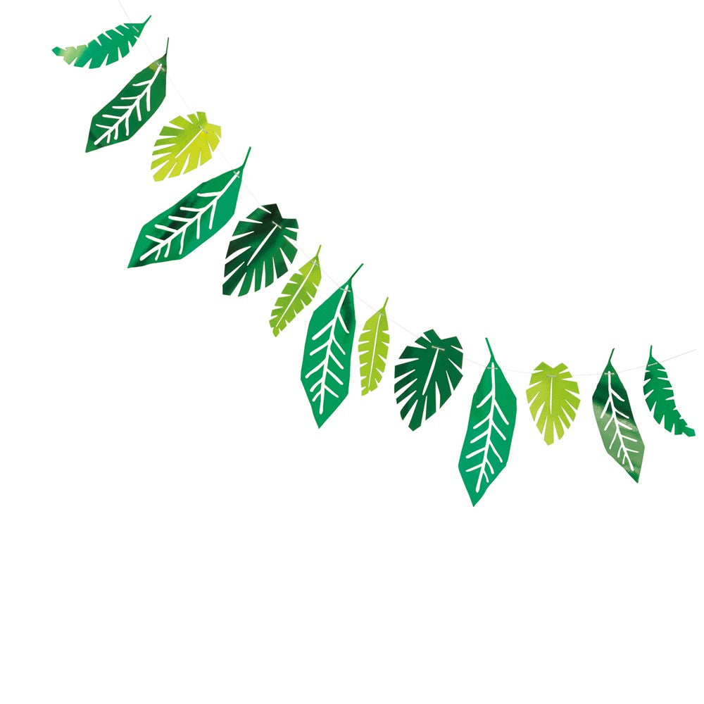 7ft garland with alternating dark green and light green foil leaves in various shapes and sizes.