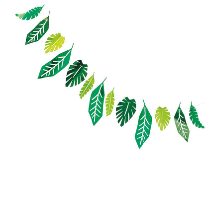 7ft garland with alternating dark green and light green foil leaves in various shapes and sizes.