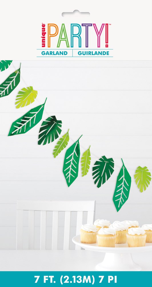 7ft garland with shiny green foil leaves in various shapes hanging against a white wall.