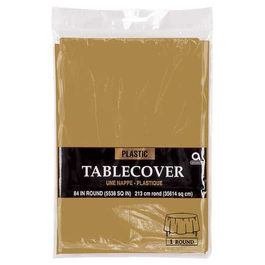 Gold round plastic tablecover, 84 inches diameter, smooth finish.