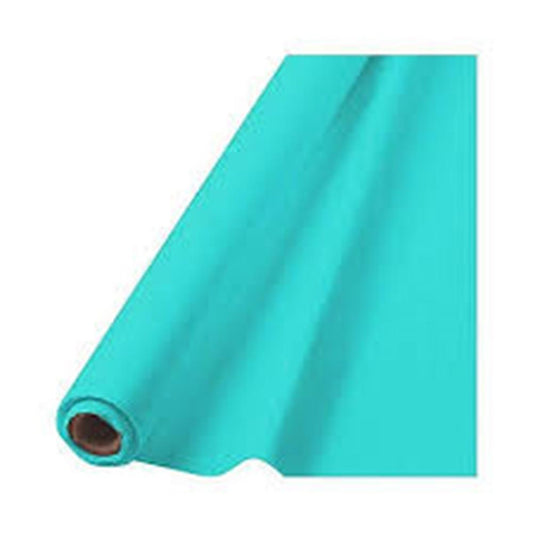 Robin's egg blue plastic tablecover roll, 40-inch wide, partially unrolled showing smooth texture.