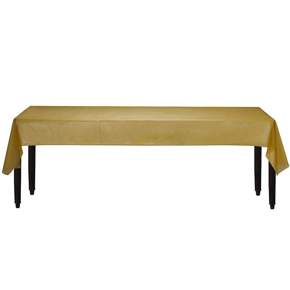 Gold rectangular tablecover roll draped over a long table with black legs, smooth finish.