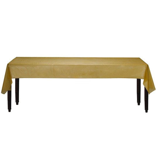Gold rectangular tablecover roll draped over a long table with black legs, smooth finish.